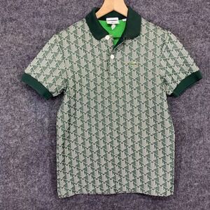 Lacoste L!VE Unisex Green Geometric Monogram Classic Fit Polo Shirt DH2945 XXS